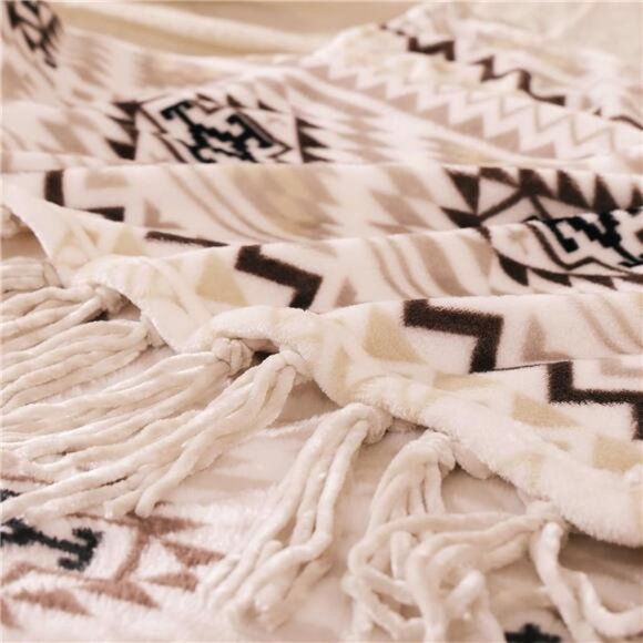 Boho Throw Blanket - Beige and Gray Decorative Blankets with Tassel - Picture 5 of 8